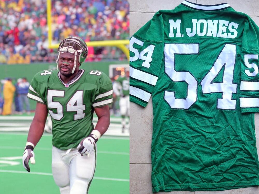 Marvin JONES #54 90s New York Jets RUSSELL Authentic SEWN jersey 44 M NFL vtg - Picture 1 of 10